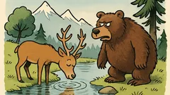 Witz: Ein junger Hirsch trinkt am Bergsee