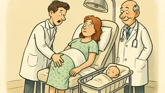 Witz: Junger Arzt bei der ersten Entbindung