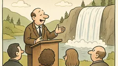 Witz: Ein Mittags-über-Fälle-Redner betritt das Podium