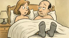 Witz: Sie schaut auf seine Füsse im Bett