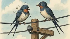 Witz: Eine Schwalbe sitzt auf einem Telegrafenmast