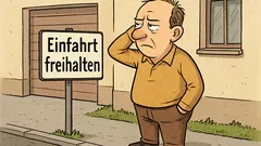 Witz: Ein Mann betrachtet ein Einfahrt-Schild