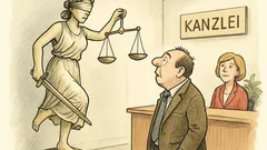 Witz: Justitia steht auf einem Bein