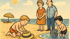 Witz: Am Strand: Strohhut als Buddeleimer?