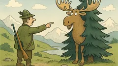 Witz: Der Grosswildjäger zeigt nach drüben