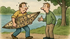 Witz: Peter trägt ein Faltboot zum See